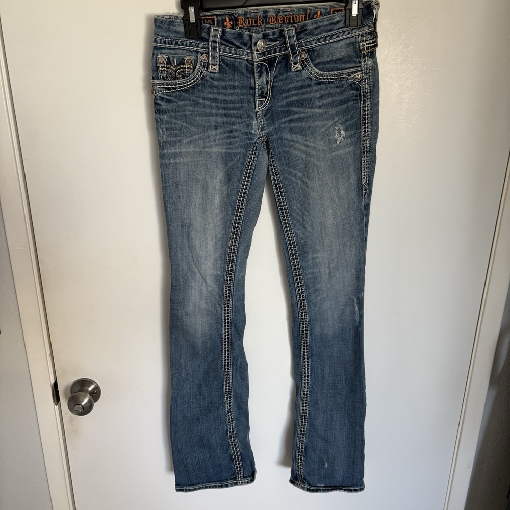 Rock Revival Jeans Size 26 Women's Anja Boot Denim Rhinestones Distressed Blue - Picture 3 of 15